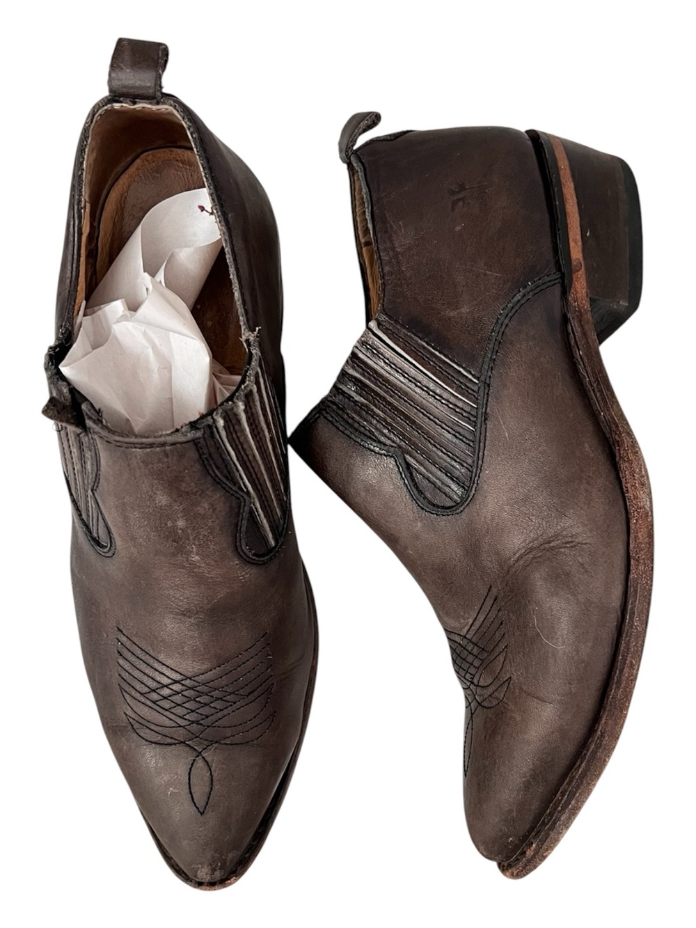 Frye Billy Slip-On Bootie Shootie Brown Leather Western Boho Ankle Boots Womens